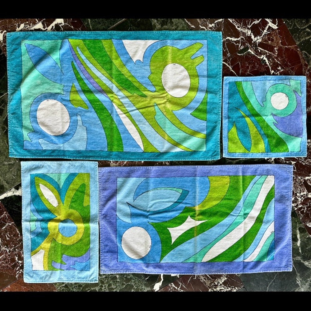 RARE VINTAGE 1970s EMILIO PUCCI ITALY BATH TOWELS 4 pc SET COTTON VELOUR VELVET